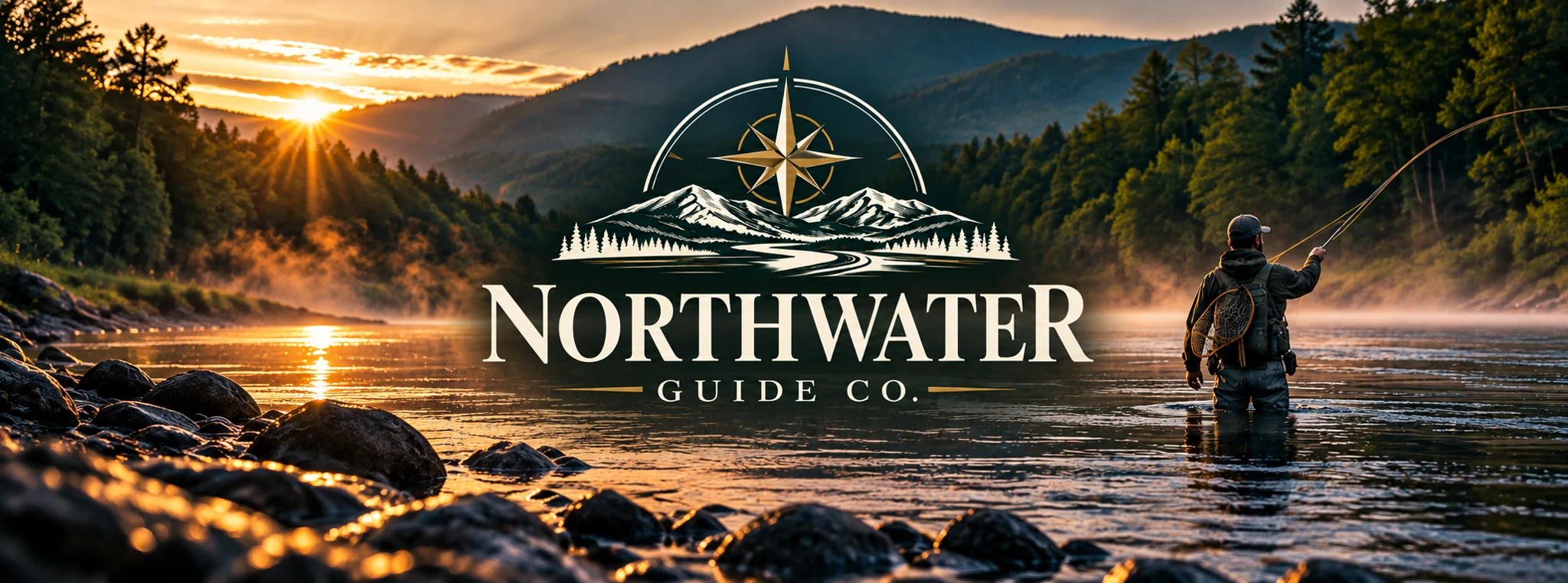 Northwater Guide Co. golden-hour river artwork with its compass and mountain emblem